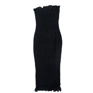 Fashion House Black Smocked Tube Midi Dress Ruffled Top Hem‎ Size S